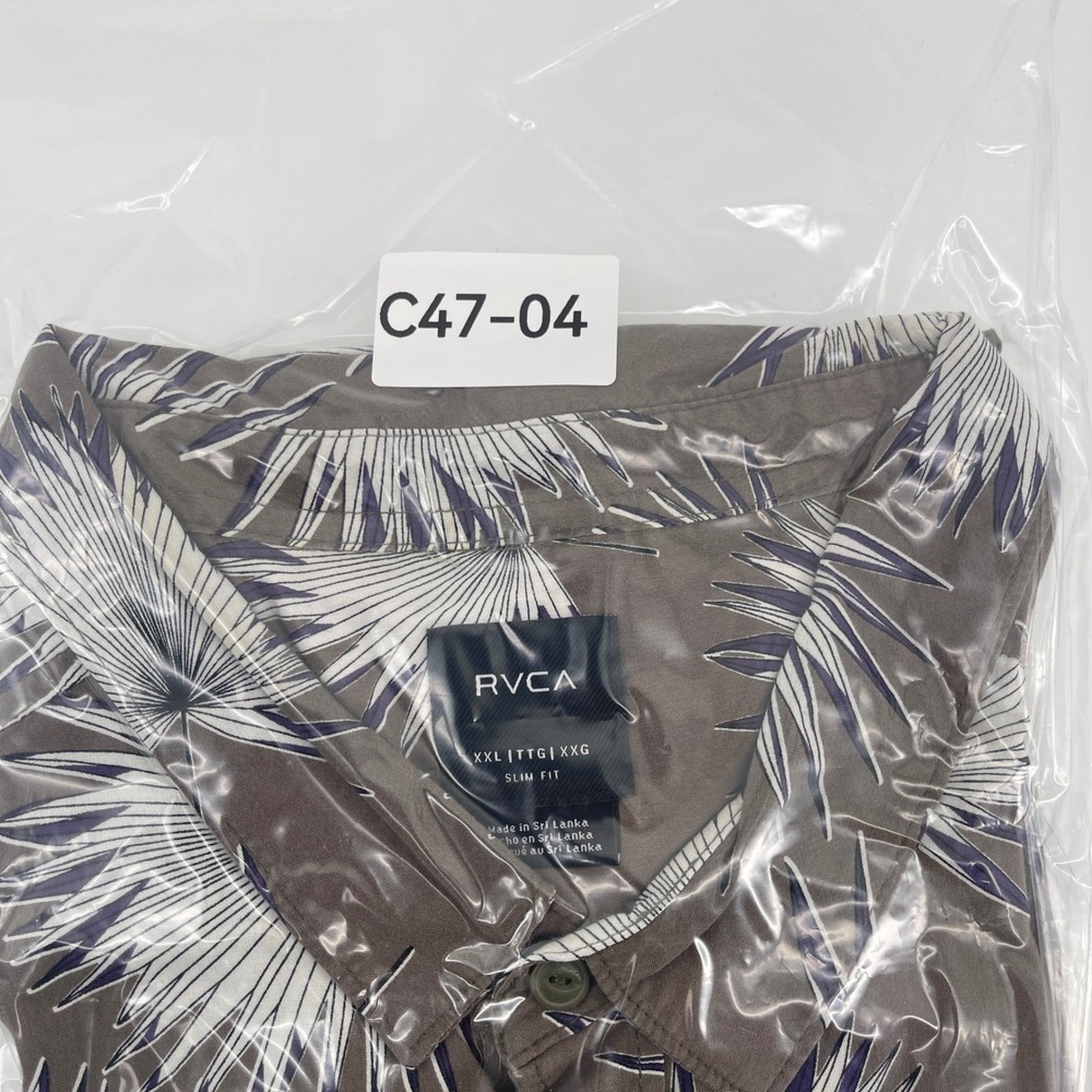 RVCA Mens XXL Slim Fit Short Sleeve Button Up Shirt Tropical Leaf Print Brown - Picture 11 of 11